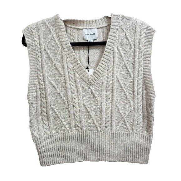 Pink Rose Beige Cable Knit Sweater Vest Women’s S V-Neck Sleeveless Diamond - Picture 2 of 9